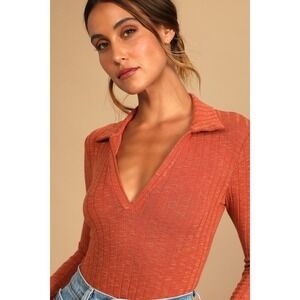 Lulus You Belong Here Rust Orange Ribbed Collared Long Sleeve Bodysuit - Size M